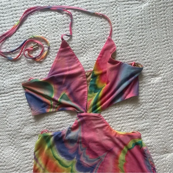 AFRM Tie-Dye Pink and Yellow Abstract Bodycon Halter Tessa Mesh Midi Dress Small - Picture 13 of 13